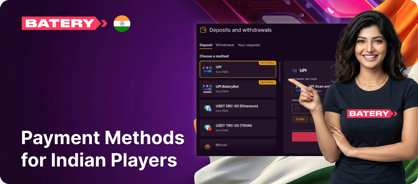 A digital wallet interface displaying accepted secure payment methods like UPI, PayTm, and Bitcoin on Batery Payments India.